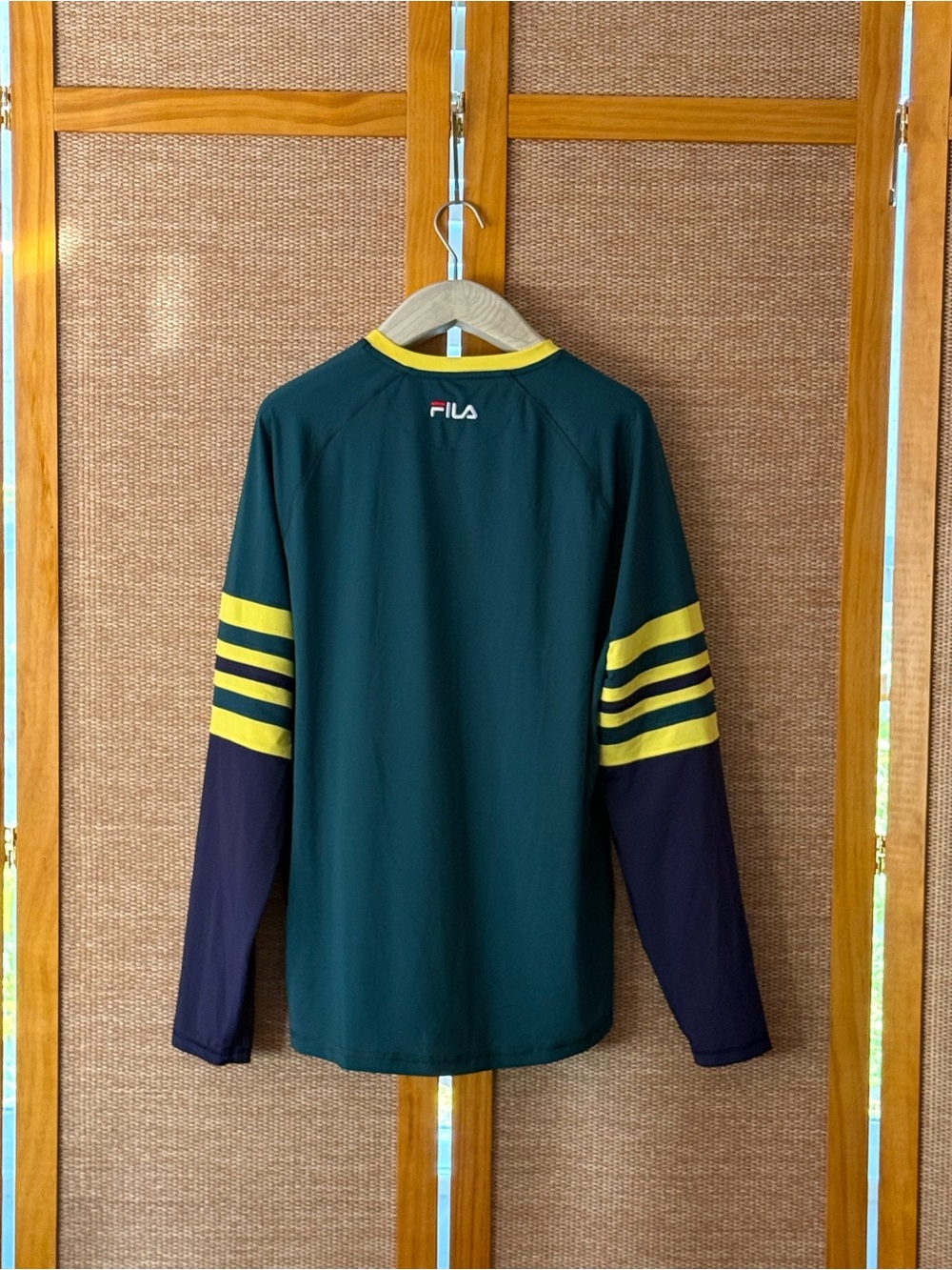 Fila Men's Dark Green Long Sleeve Crew with Yellow Trim and Navy Sleeves - Picture 2 of 2